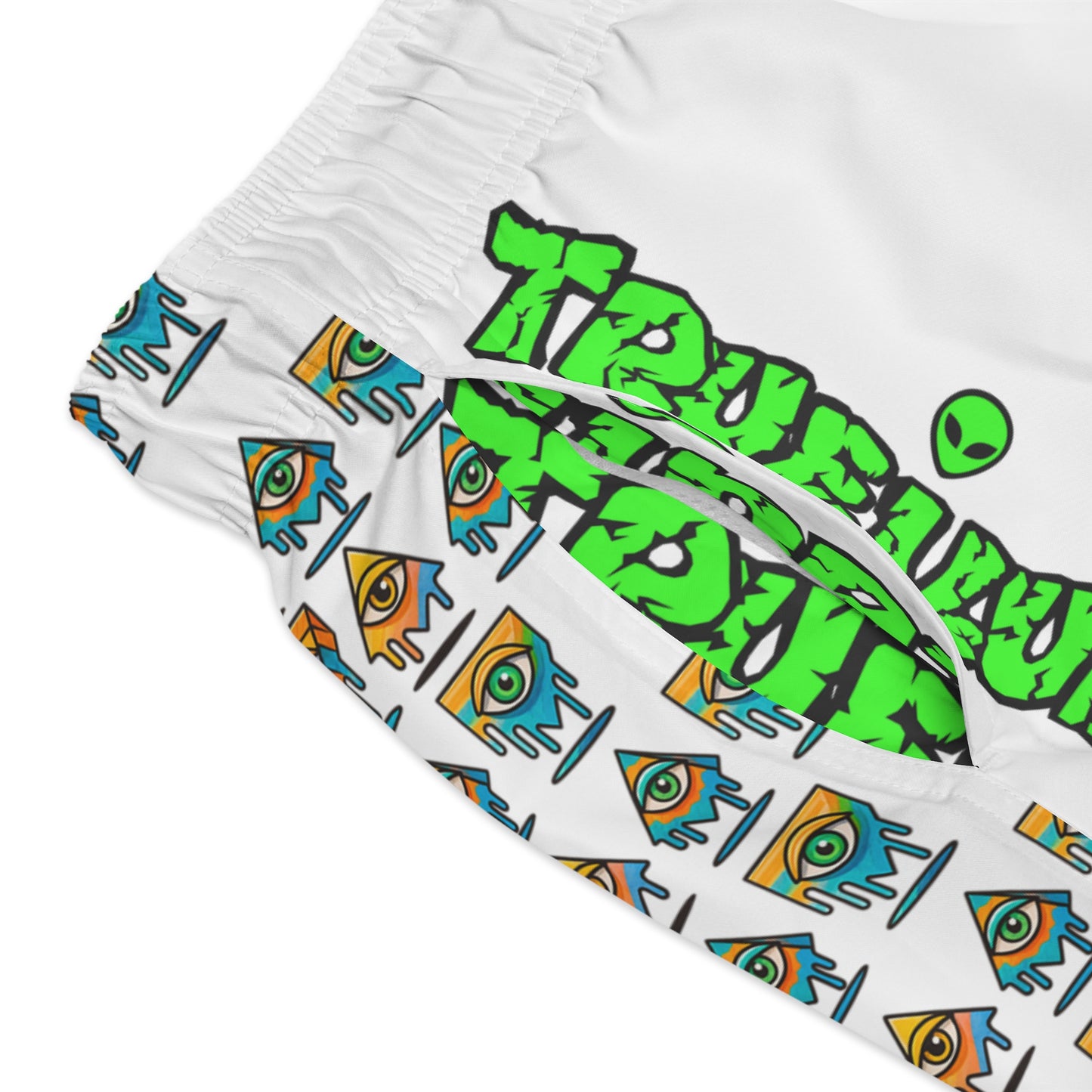 Eyes For Beach By Trueiluminati Swim Trunks -White- | Trueiluminati Swim Shorts – Cosmic Flow, Endless Vibes Summer Beachwear, Pool Party Swimwear, Vacation Essential, Surf Shorts, Fun Design, Relaxed...