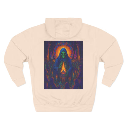Vibrant Three-Panel Fleece Hoodie, Cozy Sweatshirt for Fall, Unique Graphic Hoodie, Artistic Gift, Festival Wear Saint Death By Trueiluminati