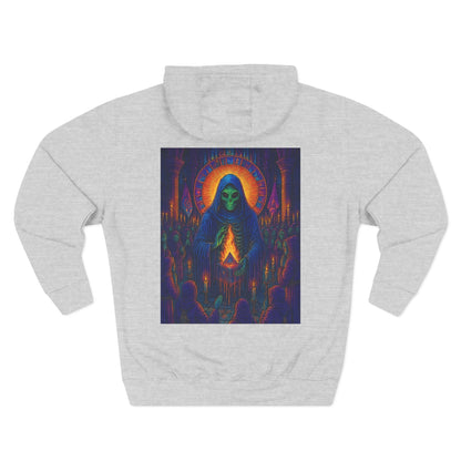 Vibrant Three-Panel Fleece Hoodie, Cozy Sweatshirt for Fall, Unique Graphic Hoodie, Artistic Gift, Festival Wear Saint Death By Trueiluminati