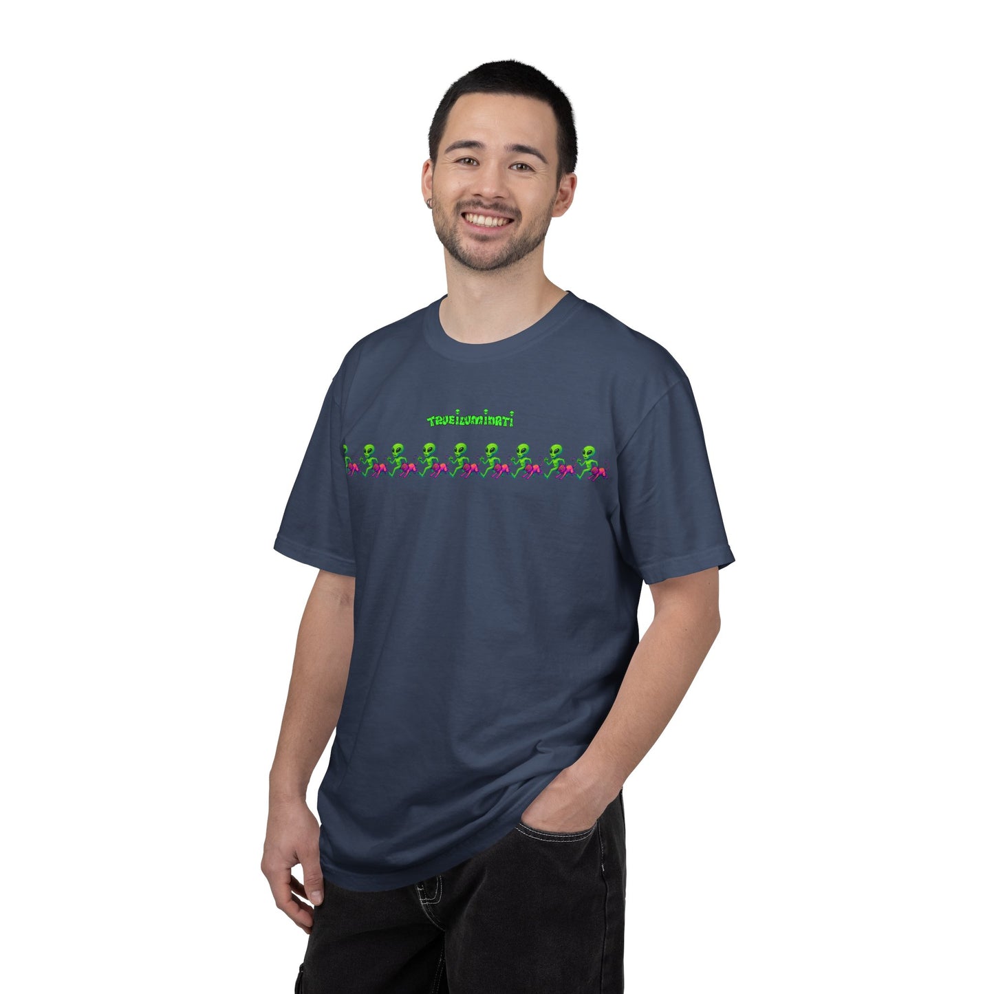 Alien-Inspired Garment-Dyed Unisex T-Shirt, Fun Graphic Tee, Casual Wear, Gift for Space Lovers, Unique Everyday T-Shirt