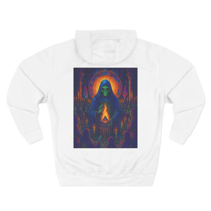 Vibrant Three-Panel Fleece Hoodie, Cozy Sweatshirt for Fall, Unique Graphic Hoodie, Artistic Gift, Festival Wear Saint Death By Trueiluminati