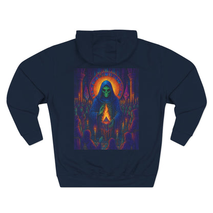 Vibrant Three-Panel Fleece Hoodie, Cozy Sweatshirt for Fall, Unique Graphic Hoodie, Artistic Gift, Festival Wear Saint Death By Trueiluminati