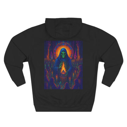 Vibrant Three-Panel Fleece Hoodie, Cozy Sweatshirt for Fall, Unique Graphic Hoodie, Artistic Gift, Festival Wear Saint Death By Trueiluminati