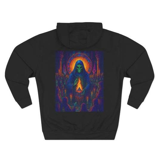 Vibrant Three-Panel Fleece Hoodie, Cozy Sweatshirt for Fall, Unique Graphic Hoodie, Artistic Gift, Festival Wear Saint Death By Trueiluminati