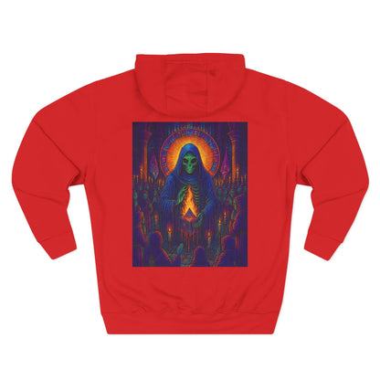 Vibrant Three-Panel Fleece Hoodie, Cozy Sweatshirt for Fall, Unique Graphic Hoodie, Artistic Gift, Festival Wear Saint Death By Trueiluminati
