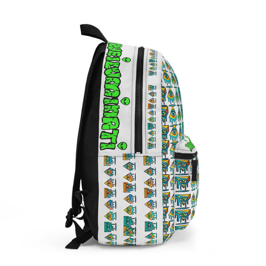 Backpack — Colorful Geometric Monster Pattern Backpack with 'TROUBLEMAKER' Tag