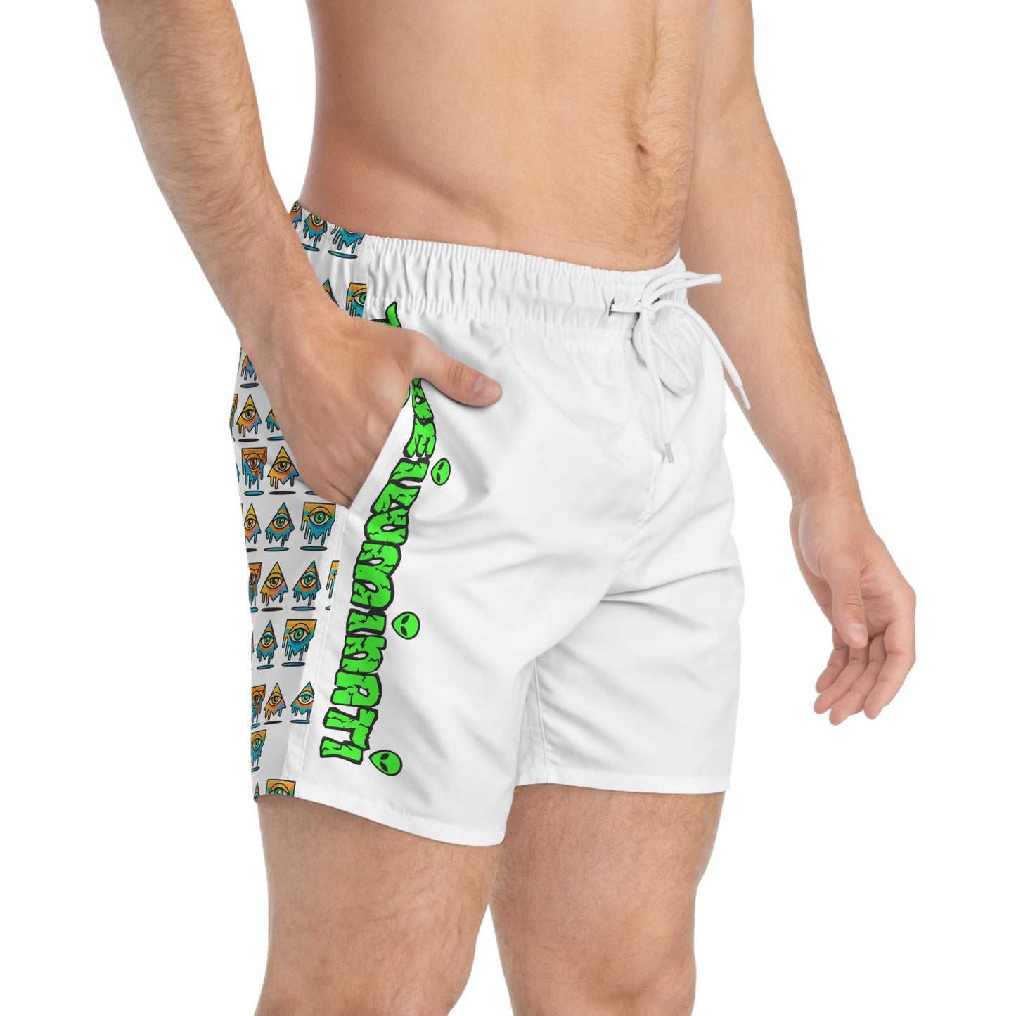 Eyes For Beach By Trueiluminati Swim Trunks -White- | Trueiluminati Swim Shorts – Cosmic Flow, Endless Vibes Summer Beachwear, Pool Party Swimwear, Vacation Essential, Surf Shorts, Fun Design, Relaxed...