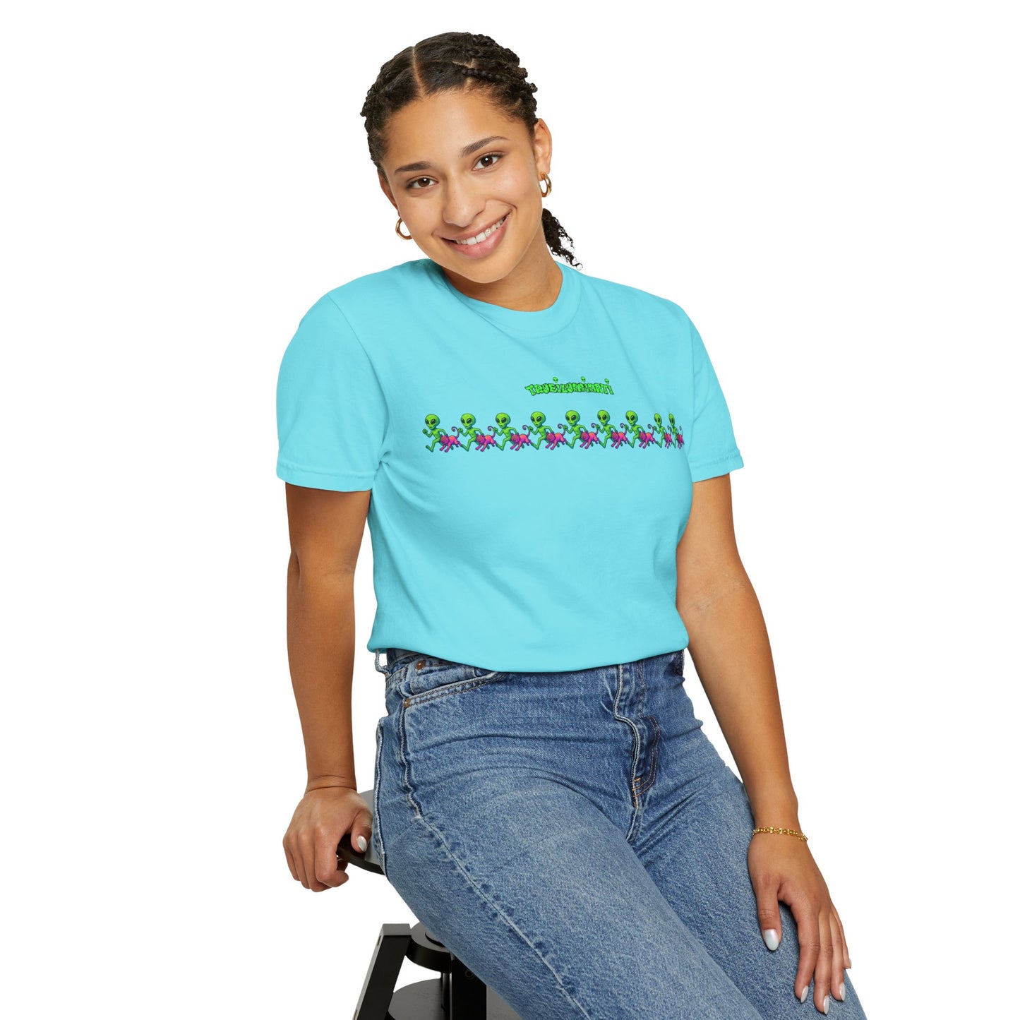 Alien-Inspired Garment-Dyed Unisex T-Shirt, Fun Graphic Tee, Casual Wear, Gift for Space Lovers, Unique Everyday T-Shirt